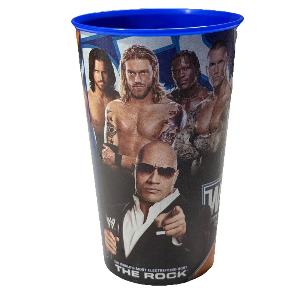 2 Vintage WWE Blue & White Collectible Plastic Souvenir Cups Wrestling Superstar